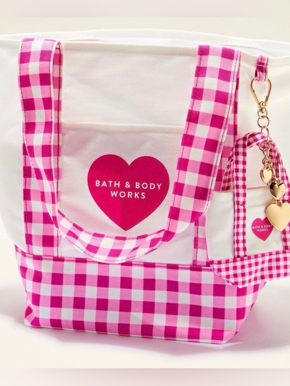 Bath & Body Works Pink Gingham Tote Bag NWT With Mini Tote Keychain